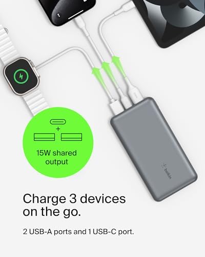 Belkin 10,000 m Ah Portable Charger – Fast Charging USB C Power Bank with Dual USB-A Ports for Multiple Devices, Includes Type-C to Type-A Cable, Compatible with i Phone 16, Samsung Galaxy S25, Nintendo Switch 2, i Pad & More – Lightweight Blue Design for Effortless Portability and Enhanced Power Delivery