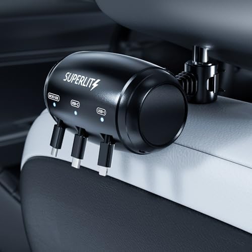 Revolutionize Your Rideshare Journey with the SUPERLIT 3-in-1 Retractable Backseat Charging Hub – Lightning-Fast Charging for i Phone, Samsung & Android – Effortless Headrest Mounting for Uber, Lyft, Turo & Taxi Drivers – Compact, Durable Design for Maximum Passenger Convenience and Comfort
