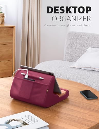 Lamicall Adjustable Tablet Pillow Holder – Soft Memory Foam Stand for Comfortable Bed or Lap Use, Featuring Integrated Stylus Mount and Accessory Pocket, Compatible with 4-13″ Devices Including i Pad Pro 12.9, Air, Mini, Kindle, and Galaxy Tab – Stylish Dark Red Design for Enhanced Viewing Experience and Improved Posture