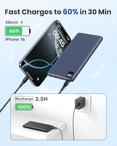 ADDTOP Ultra-Slim 10000 m Ah Fast Charging Portable Power Bank – Lightweight Battery Pack with Dual USB-C & USB-A Ports for i Phone 16/15/14/13/12 and Android Devices – Optimal On-the-Go Charging Companion for Multi-Device Users