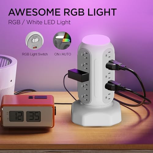 Maximize Your Power Potential with the 15-Outlet Surge Protector Tower Featuring 6 Fast-Charging USB Ports and LED Night Light – Retractable Heavy-Duty Extension Cord with Right Flat Plug for Effortless Accessibility and Enhanced Device Compatibility – Ideal Charging Station for Home and Office Use