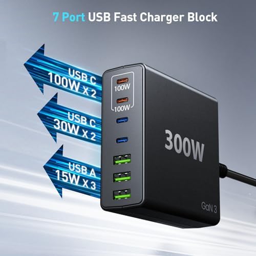 Power Up Efficiently: 300 W 7-Port USB-C Fast Charger Station – Dual PPS PD 100 W Laptop Power Adapter for Multi-Device Charging – Compact & Reliable Wall Hub in Blue – Perfect for Home & Office Use