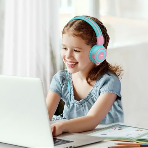 Chic Pink SIMOLIO Kids Headphones with Microphone – Volume-Limited Wired Design for Safe Listening – Adjustable Sound Levels (75/85/94 d B) for Hearing Protection – Perfect for School, Travel, and Home Use – Durable and Comfortable Fit for Active Young Listeners – Compatible with Smartphones & Tablets for Versatile Use