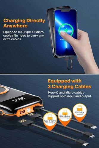 High-Capacity 40,000 m Ah Portable Power Bank with Fast Charging, Built-In Cables & 10 W Wireless Charging – Sleek Orange Design for Ultimate Device Compatibility and On-the-Go Convenience