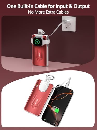 Mavulo Ultra-Fast Wireless Power Bank for Apple Devices – 10000 m Ah Portable Keychain Charger with Retractable USB-C Cable, 20 W Quick Charge Capability, LED Battery Indicator – Compatible with i Phone 15/16, i Pad, Air Pods Pro, and Apple Watch – Sleek Black Design for On-the-Go Power Solutions