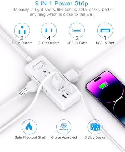 HANYCONY Travel Power Strip with 6 Outlets & 3 USB Ports – 5 ft Flat Plug Extension Cord for Cruise Ships & College Dorms – Space-Saving Wall Mount Design for Ultimate Convenience & Fast Charging Efficiency