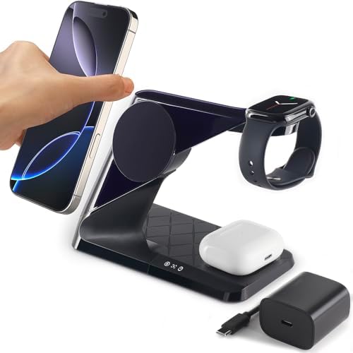 All-in-One Wireless Charging Hub for Apple Devices – Fast Mag-Safe Charger Stand for i Phone 16/15/14/13/12 Series, Air Pods & Apple Watch – Streamlined Design for Home & Office Efficiency