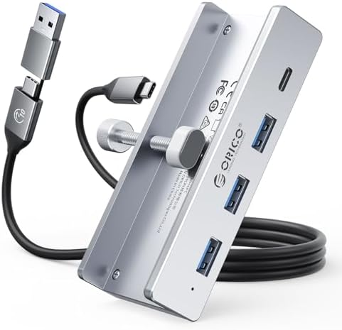 Transform Your Workspace with the ORICO USB Hub 3.0: Premium 4-Port Aluminum Clamp Adapter with Dedicated Power Supply for USB-A & USB-C Devices – High-Speed Data Transfer & Unmatched Compatibility for Enhanced Productivity