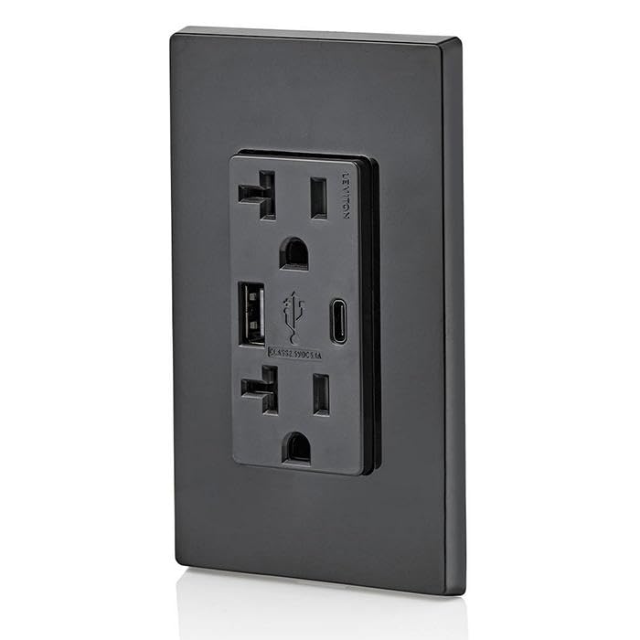 Leviton Dual USB In-Wall Charger with 20 A Tamper-Resistant Outlet – Type A & Type-C Compatibility for Smartphones and Tablets, Light Almond Finish – Streamlined Charging Solution for Home and Office Spaces