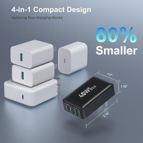 Excgood 40 W Multi-Port USB C Charger Block – 4-Port Fast Charging Wall Adapter with Dual PD & QC Technology, Compact Foldable Design for Travel, Compatible with i Phone 16/15 Pro Max/14/13, i Pad, Galaxy S23 – Sleek Black Finish, 2-Pack for Ultimate Device Compatibility and Efficiency