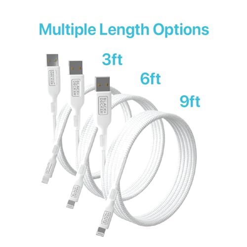 BLACK+DECKER Lightning to USB Charging Cable – Ultra-Fast Charge & Data Sync for All Apple Devices – Durable Braided Construction, Lightweight & Travel-Ready – Versatile Lengths & Color Options, Including Convenient 3 ft Length