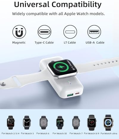 Compact 10,000 m Ah Portable Apple Watch Charger – Fast Charging Mini Power Bank with Integrated Cable for Apple Watch 9/Ultra/8/7/6/SE/5/4/3/2 and i Phone 14/13/12/11/Samsung – Ultimate Travel Companion for Efficient Device Powering