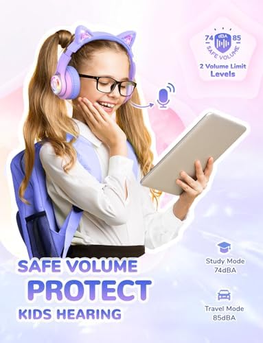 Magical Cat Ear Bluetooth Headphones for Kids – Mesmerizing Gradient Pink with LED Glow, 50-Hour Battery Life, Safe 74/85 d BA Volume Limiting, Superior Bluetooth 5.2 Connectivity & Rapid USB-C Charging for Ultimate Travel Convenience and Enjoyment