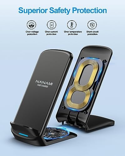 NANAMI Qi-Certified Fast Wireless Charging Stand – Ultimate Compatibility for Samsung Galaxy S25/S24/S23/S22/S21/S20 & i Phone 16/16 Pro/16 Pro Max/15/14/13 – Sleek Design, Rapid Power Delivery, and Adjustable Viewing Angles for a Seamless Charging Experience