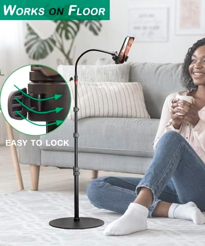 Phone Overhead Stand, Gooseneck Phone Floor Stand, Tall Video Cell Phone Mount with Height Adjustable Stand, Heavy Base, 360 Head, Works with iPhone 16, 16 Pro Max, 16 Plus, 15, 14, 13 – Enhanced Compatibility and Speed