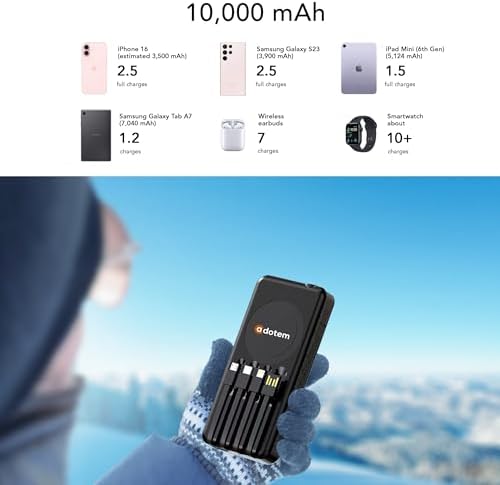 Ultimate Portable Solar Power Bank with Integrated Charging Cables – 10,000 m Ah Waterproof Battery Pack for Phones Featuring USB, Micro USB, Lightning, Type-C, and Wireless Charging – Perfect for Outdoor Adventures and Daily Use (Black Blue)