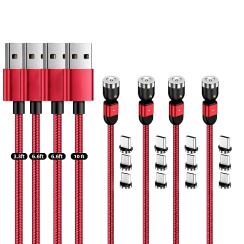Versatile Magnetic Charging Cable Set – 4-Pack (3/6/6/10 ft) | 3-in-1 USB Type C & Micro USB Charger with 360° & 180° Rotating Connectors | Durable Nylon-Braided Design with LED Charging Indicator | Fast & Efficient Power Solution for All Devices