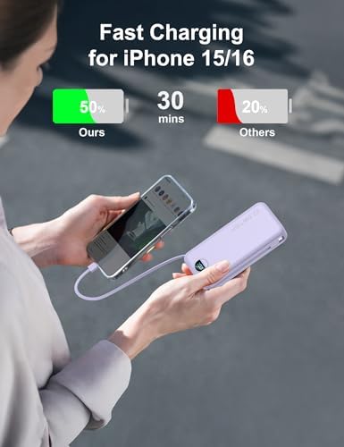 Ultra-Portable 20000 m Ah Power Bank with Built-In Cables & AC Plug | PD 20 W Fast Charging for i Phone, Samsung, Android | LED Display Travel Charger – Charge Multiple Devices Seamlessly and Stay Powered On-the-Go