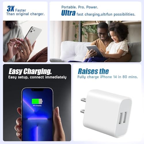3-Pack Dual Port USB Wall Charger – Rapid Charge Block for i Phone 14/13/12/11 Pro/Max, Galaxy & Android Devices – Compact Travel Adapter with Advanced Safety Features for Home & On-the-Go Power Solutions