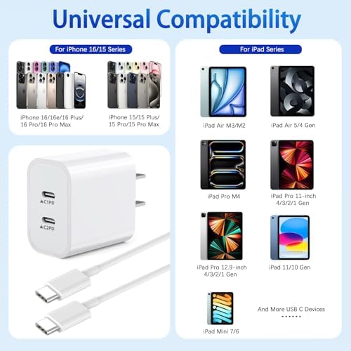 Revolutionize Your Charging Routine: Dual-Port Fast Wall Charger Set for i Phone 16 & 15 – Includes 6 FT USB C to C Cable – Rapid Power Delivery for i Pad Pro and More – Safety-First Design for Worry-Free Use – Ideal for Family and Travel Charging Needs