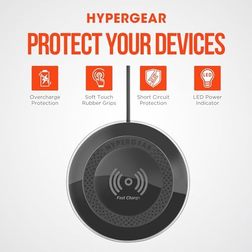 Hyper Gear Charge Pad Pro: 15 W Fast Wireless Charger with Soft Grips & LED Indicator – Sleek Black Design for i Phone & Android Compatibility – Ultimate Convenience in Mobile Power Solutions