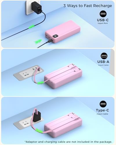 50000 m Ah Portable Power Bank with Built-in Cables – Multi-Device Charging Hub with 20 W PD Fast Charge, LED Power Indicator, and Safety Features (Pink) for Ultimate On-the-Go Energy Solutions