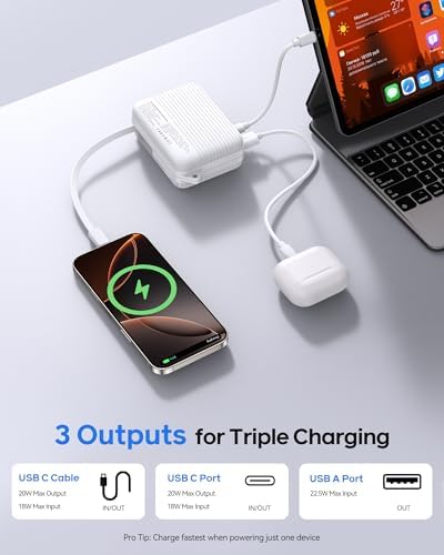 Compact 10,000 m Ah USB-C Power Bank with Retractable Cable – Fast Charging Dual Output Battery Pack for Android Devices, TSA-Compliant Travel Charger with Built-In Safety Features and Convenient Carry Loop for On-the-Go Power