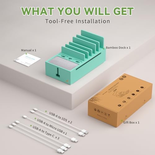 Pezin & Hulin Eco-Friendly Bamboo Cable Management Box – Sleek Desktop Organizer with 6 Cables for Tidy Charging Station, Stylish Wire Organizer for Electronic Devices, Enhances Workspace Efficiency and Aesthetics