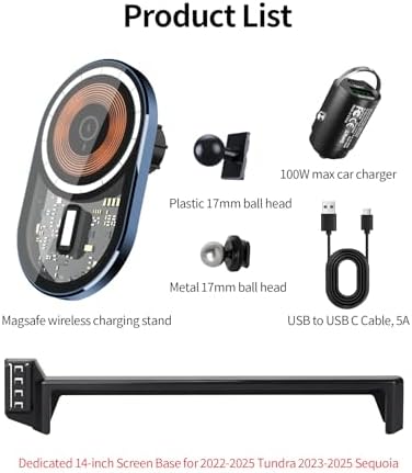 Wireless Charging car Phone Holder for Toyota Tundra 2022-2025/Sequoia 2023-2025 Accessories 14 inch Screen Fixed Clip,360° Rotation car Phone Mount Compatible with MagSafe – Enhanced Compatibility and Speed