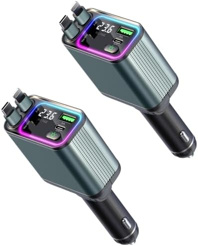 Versatile 4-in-1 Retractable Car Charger with RGB Lighting – 92 W Fast Charging USB-C Adapter for i Phone, Galaxy, and Pixel – Compact & Stylish Car Phone Charger for Effortless Power Management – Essential Car Accessory for Tech-Savvy Drivers