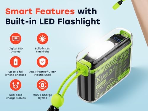 Ultimate Travel Companion: X Link B 10,000 m Ah Power Bank with Dual USB-C & Lightning Cables, Fast Charging, Flashlight Feature, i Phone & Samsung Compatible, Sleek Orange Design for On-the-Go Power
