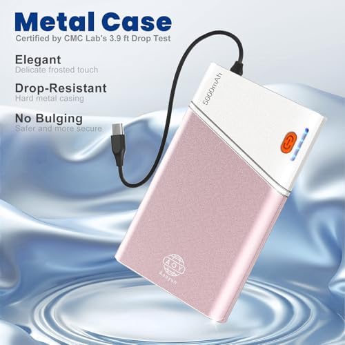 Sleek 5000 m Ah Pink Portable Power Bank with Integrated USB-C Fast Charger – Ultra-Compact Mini Battery Pack for i Phone 16/15/14 & Samsung S24 – Lightweight Design with Handy Lanyard for Effortless Travel Charging