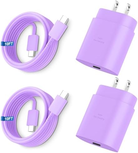 High-Speed 25 W Type C Wall Charger for Samsung Galaxy S25 Series – Includes Dual 10 FT USB-C Cables for Enhanced Flexibility and Safety – Lightning-Fast Charging with Compact Design for Travel Enthusiasts and Everyday Users