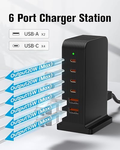 Revolutionary 6-Port USB C Charging Hub – High-Speed Multi-Device Power Station for i Phone 15/14/13/12, i Pad, Samsung Galaxy, and Google Pixel – Compact Travel Charger with Advanced Safety Features – Ultimate Solution for Efficient Charging at Home, Office, and On-the-Go