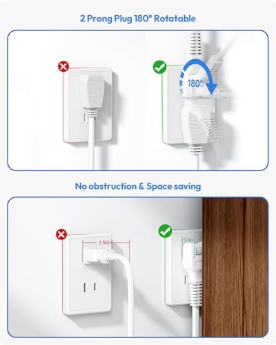 NTONPOWER 10 FT 2 Prong to 3 Prong Power Strip with 4 USB Ports – Wall-Mountable Non-Grounded Outlet Adapter for Enhanced Device Charging and Flexible Placement in Older Homes – 180° Non-Polarized Design for Maximum Convenience and Safety