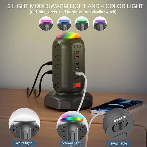 Maximize Your Power Potential with the 15-Outlet Surge Protector Tower Featuring 6 Fast-Charging USB Ports and LED Night Light – Retractable Heavy-Duty Extension Cord with Right Flat Plug for Effortless Accessibility and Enhanced Device Compatibility – Ideal Charging Station for Home and Office Use