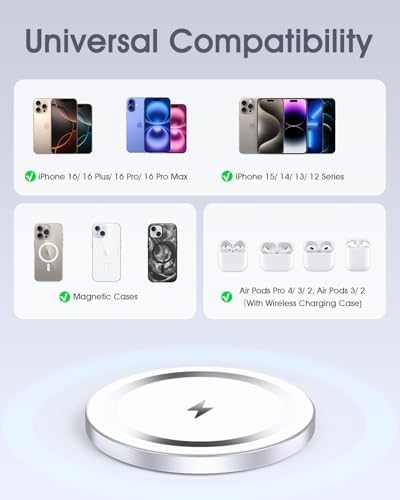 Magnetic Wireless Charger Duo for Apple Devices – 15 W Fast Charging Pad for i Phone 12-16 Pro Max, mini & Air Pods 2/3/4/Pro – Secure Magnetic Connection, Sleek Silver Finish for Modern Tech Aesthetics – Optimal Compatibility & Effortless Charging Experience