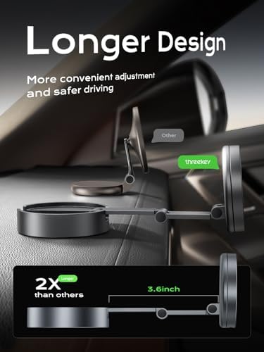 THREEKEY Mag Safe Car Charger Mount with Qi2 Wireless Technology – Versatile 360° Rotating Phone Holder for i Phone 16-12 Series & Galaxy S25 Ultra – Retractable Long Arm Design for Effortless Navigation & Rapid Charging – Durable Magnetic Grip for Ultimate Convenience and Safety