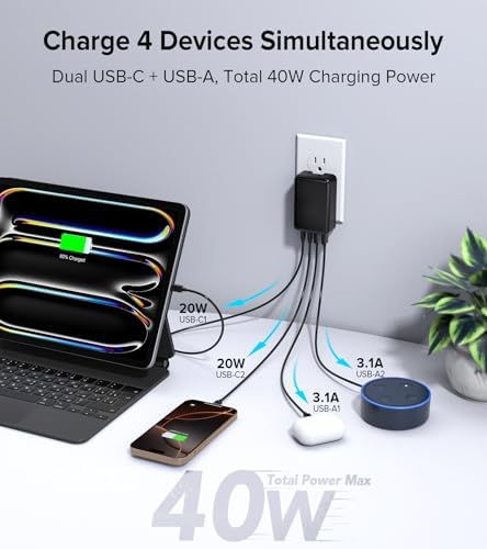 Elevate Your Charging Game with the 2 Pack Flat USB C Charger Block – 40 W Fast Charge Hub for i Phone 12-16, i Pad & Samsung Devices, Featuring 4 Ports for Simultaneous Power Delivery & Quick Charge, Sleek Light Blue Travel-Friendly Design Ideal for Home & On-the-Go Use