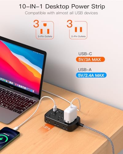 BESHON 5 FT Flat Plug Power Strip with 6 Outlets and 4 USB Ports – Ideal Travel Companion for Dorm Rooms and Cruise Ships, Space-Saving Design for Enhanced Accessibility and Fast Charging