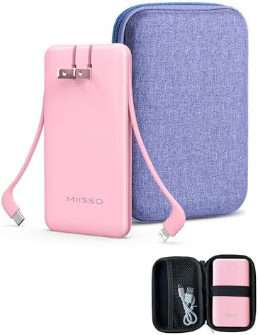 miisso Ultra Slim 10000 m Ah Portable Power Bank with Built-in Cables and Foldable Wall Plug – Compact USB-C Charger for i Phone, Samsung, i Pad & More – Perfect Travel Companion for On-the-Go Charging Efficiency