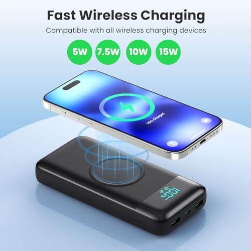 Ultra-High Capacity 30,800 m Ah Wireless Power Bank – 15 W Fast Charging & 25 W PD QC4.0 – Smart LED Display with 4 Outputs & 2 Inputs – Versatile USB-C External Battery Pack for i Phone, Samsung & More – Travel-Ready Charging Solution in Sleek White Finish