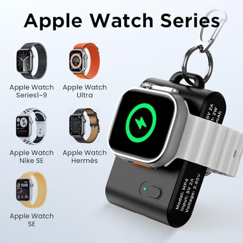 Compact Keychain Magnetic i Watch Charger Duo – Portable 2000 m Ah Power Bank for Apple Watch Series 1-9, SE, Ultra & Ultra 2 – Stylish Black & Pink Design for On-the-Go Charging Efficiency