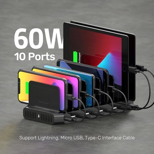 Unitek 10-Port USB Charging Dock: Versatile Multi-Device Power Station with Customizable Dividers for i Pads, i Phones, Tablets, and Smartphones – Experience Rapid Charging Efficiency and Enhanced Safety Features for Organized Device Management