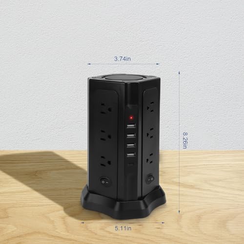 Revolutionize Your Charging Setup with the 16.5 FT Power Strip Tower – 12 AC Outlets & 5 USB Ports (1 USB-C) Surge Protector for Home, Kitchen, Dorm, & Office – Space-Saving Design with Enhanced Overload Protection for Maximum Device Compatibility and Rapid Charging Efficiency