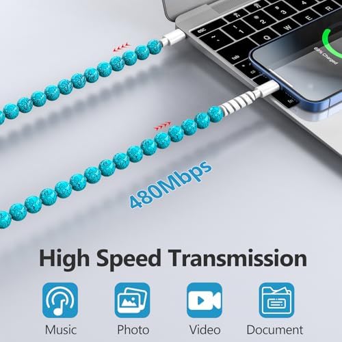 Elevate Your Charging Game with Hian Dier MFi Certified USB C to i Phone Charger – 3.3 FT Fast Charging Cable in Elegant Blue Morandi Pearl Beaded Design for i Phone 14, 13, 12, 11 Pro Max, X, XS, XR – Durable and Tangle-Free Accessory for Style and Performance