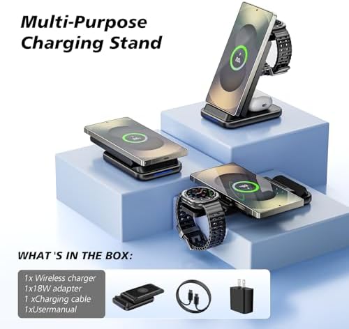 3-in-1 Fast Wireless Charger Station for Samsung Devices – Foldable Dual Coil Charging Hub for Galaxy Watch 7/6/5, Galaxy Buds, and S25/S24 Ultra – Compact, Travel-Friendly Design with Enhanced Safety Features and Universal Compatibility