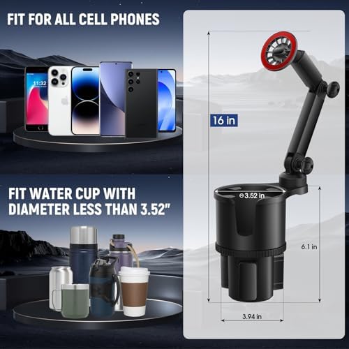 Mag Safe-Compatible Magnetic Cup Phone Holder for i Phone 15 Series – Stylish Red Adjustable Long Arm Car Mount with 360° Rotation for Ultimate Hands-Free Navigation and Safety Enhancement