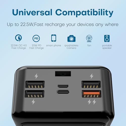 Ultra High-Capacity 50000 m Ah Power Bank with 5 Outputs & 3 Inputs – Fast Charging Portable Charger with 22.5 W USB-C Technology and LED Display for i Phone, Samsung, Android & More – Ultimate Multi-Device Power Solution for On-the-Go Charging