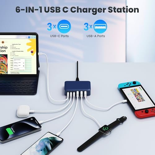 108 W Pink Ga N III USB C Charging Hub – 6-Port Fast Charger for i Phone 15 Pro, Samsung & More – Quick Charge & Power Delivery Compatible – Stylish Multi-Device Power Station with Intelligent Safety Features – Ideal for Home, Office & Travel Use